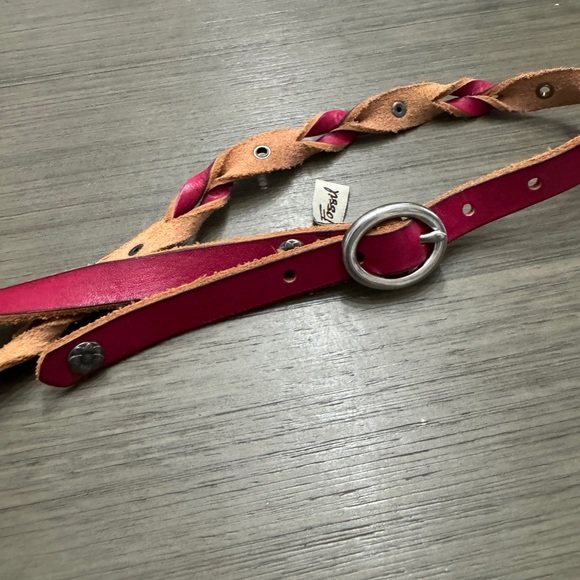 Fossil Accessories - Fossil Pink and Tan Braided Leather Belt with Silver Ring Buckle 40” Long